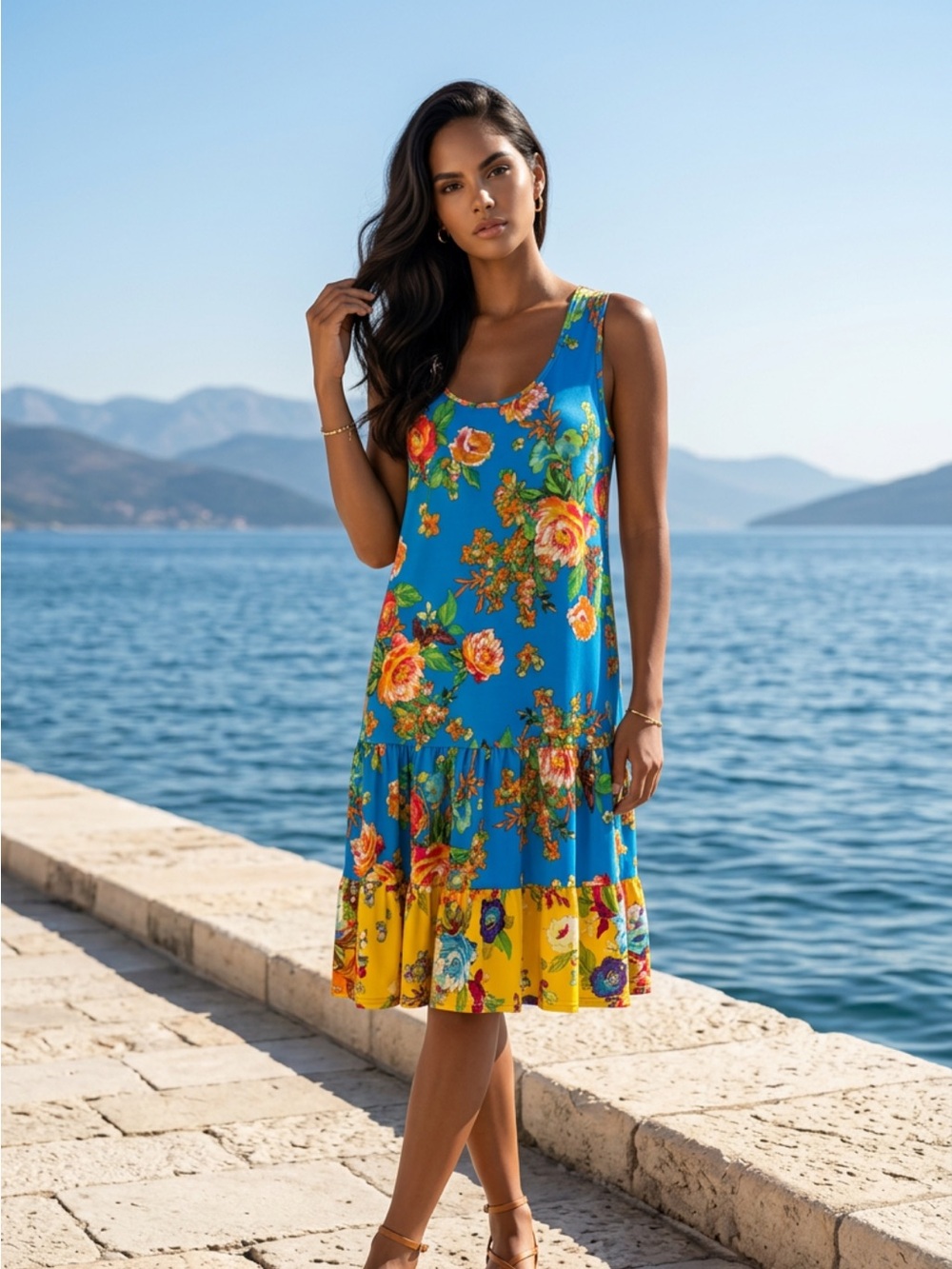 Blue Floral Sundress with Yellow Hem